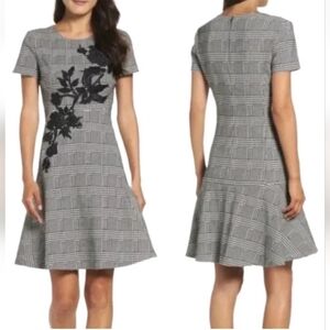 BETSEY JOHNSON Women Houndstooth Floral Applique Embroidered Fit Flare Dress -